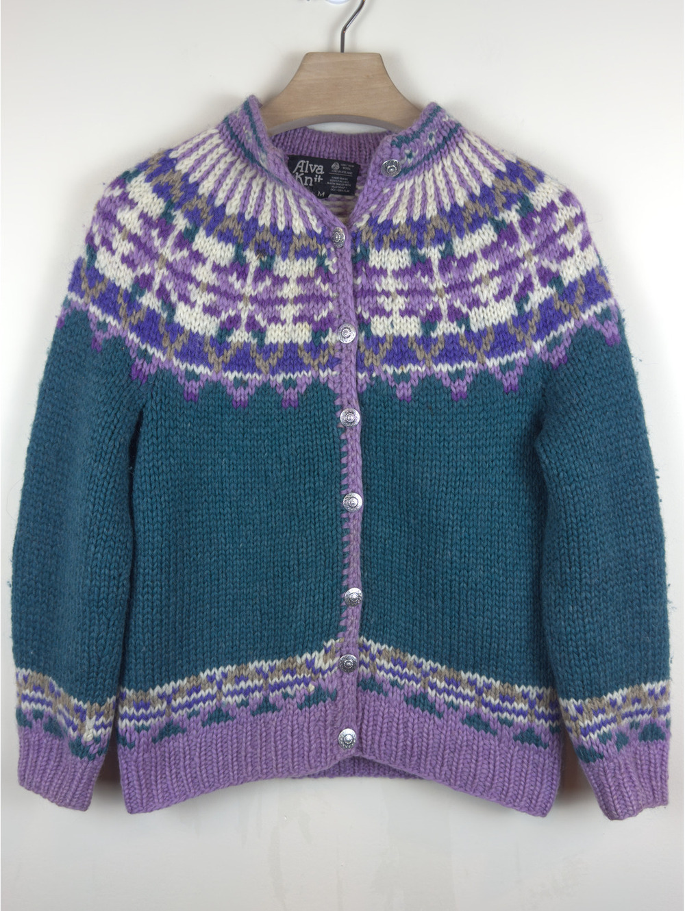 Vintage Alva Knit Icelandic 100% Wool Fair Isle Cardigan Sweater M Teal Purple
